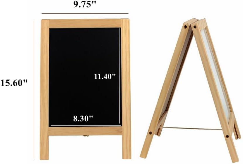 Wooden Freestanding A Frame Non Magnetic Chalkboard and Magnetic Dry Erase White Board Display Sign, Double Sided Tabletop Message Board for Home, Office and Counter
