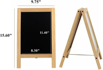 Wooden Freestanding A Frame Non Magnetic Chalkboard and Magnetic Dry Erase White Board Display Sign, Double Sided Tabletop Message Board for Home, Office and Counter