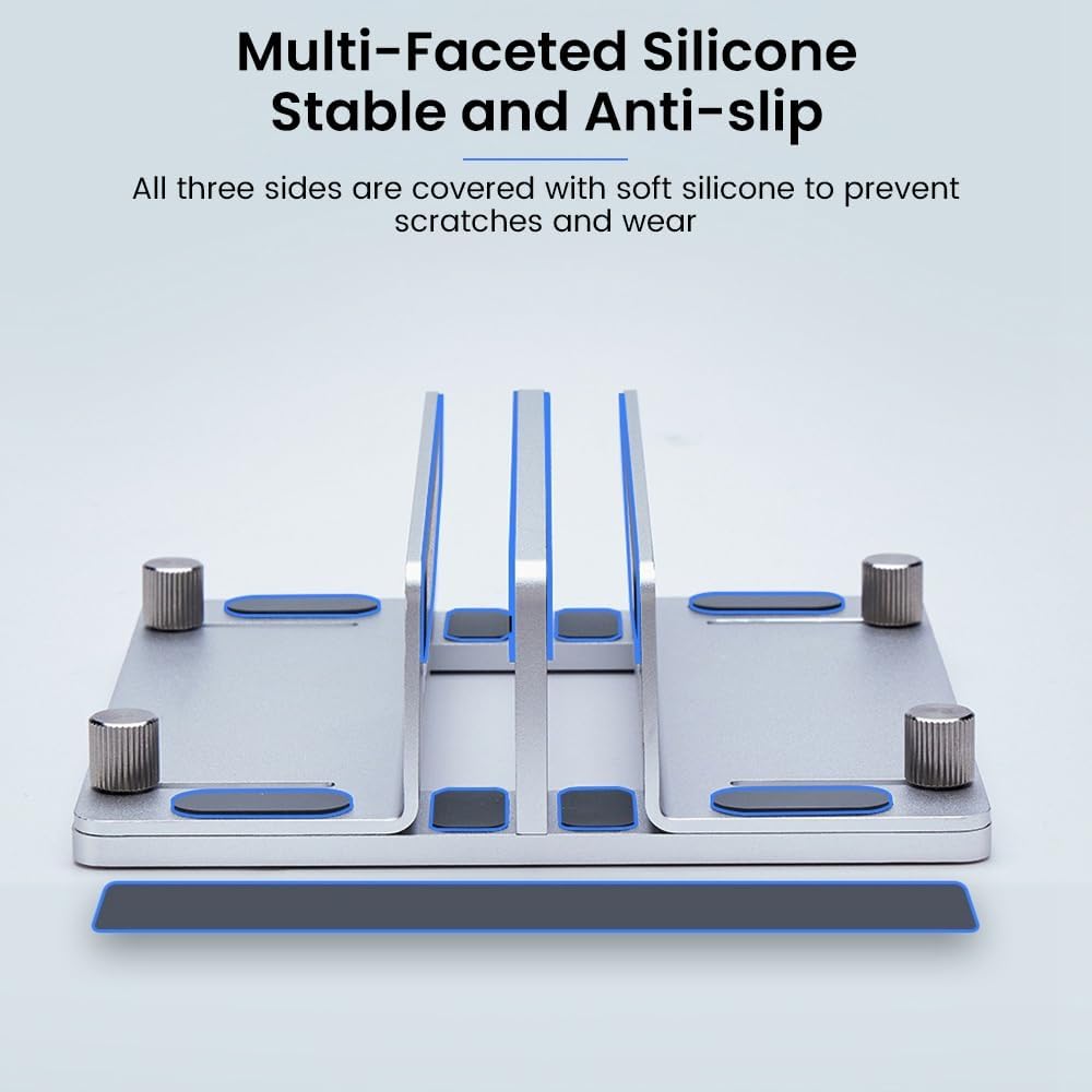 HomeBeyond Aluminum Vertical Laptop Stand for Desk, Adjustable Dual Slot Holder(up to 1.73 inches), Compatible with MacBook Pro, MacBook Air and Other Laptop - Save Space & Improve Airflow, Silver