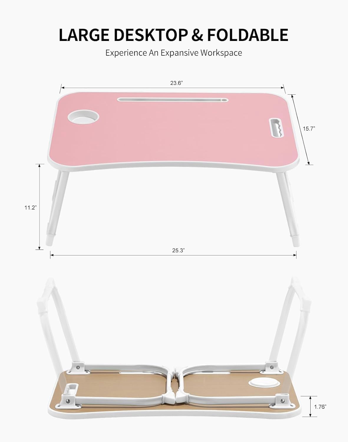 ZEAPTAC Laptop Bed Desk, Foldable Lap Desk, Portable Lap Table, Laptop Stand with Cup Holder, Tablet Slot & Lifting Handle for Work, Write, Draw & Eat on Bed, Sofa or Couch - Pink