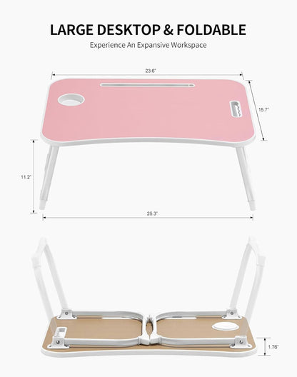ZEAPTAC Laptop Bed Desk, Foldable Lap Desk, Portable Lap Table, Laptop Stand with Cup Holder, Tablet Slot & Lifting Handle for Work, Write, Draw & Eat on Bed, Sofa or Couch - Pink