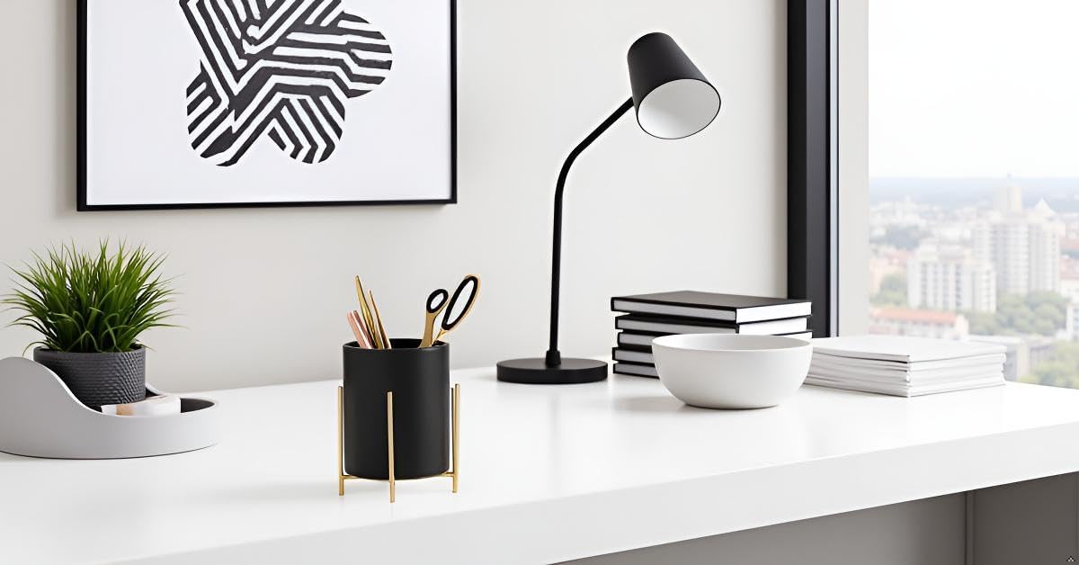 Gold Pencil Cup Sturdy Metal Frame With White Ceramic Pen Holder For Desks and kitchen Appliance Holders