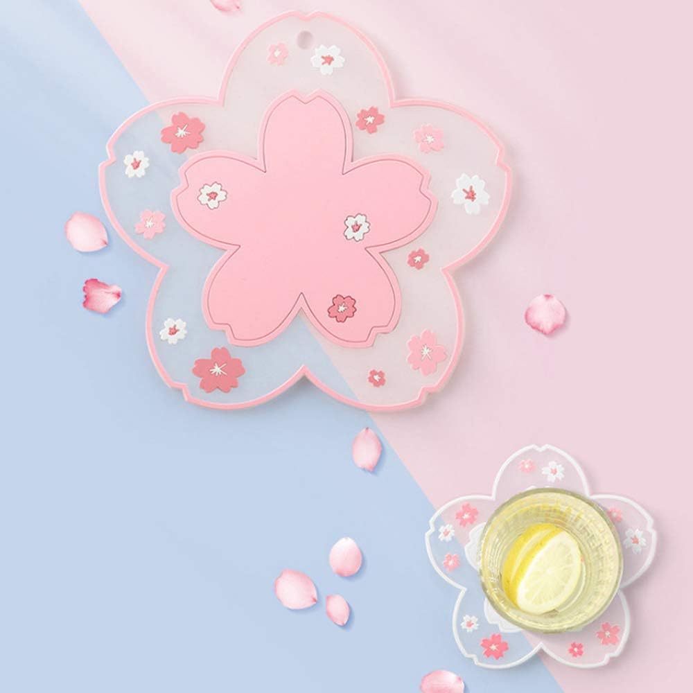 Sakura Coffee Cup Mat Kawaii Coaster 2PCS Cute Cherry Blossom PVC Home Tea Mug Pink Flower Pattern Anti-Skid Pot Bowl Pad Placemat for Desk Drink Table Decor Kawaii Accessories (Small)