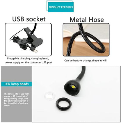 LED Desk Lamp Clip On Light,360°Flexible Gooseneck and Clamp Reading Light,Portable USB Powered Task Light with Clamp,Night Light Clip on for Desk, Bed Headboard and Computers Silver