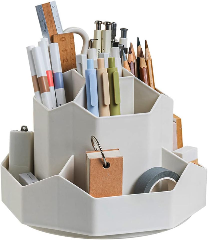 Rotating Art Supply Storage Organizer,Pencil Holder with 9 Compartment, Pen Storage Organizer, for Kids Art Desk, Homeschool Supplies, Home Office Desktop Organizer(White)