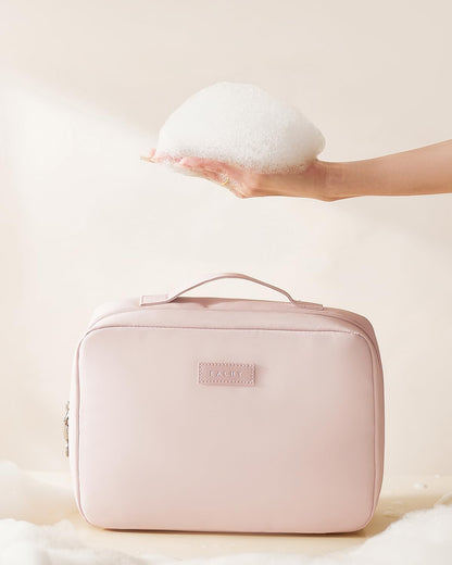 EACHY Toiletry Bag with Hanging Hook, Travel Makeup Bag PU Leather Cosmetic Bags for Women Make Up Organizer with 4 Compartments Waterproof Full-Size Portable Travel Essentials (Beige)