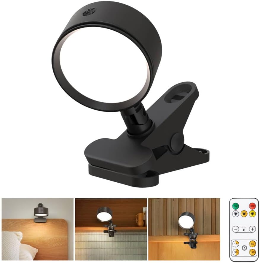Clip on Light with 5000mAh Rechargeable Battery Operated, Eye Care Reading Light for Bed with 360° Rotation Touch & Remote, USB Clamp Light with 3 Color Modes & Dimmable for Headboard Bedside (white)