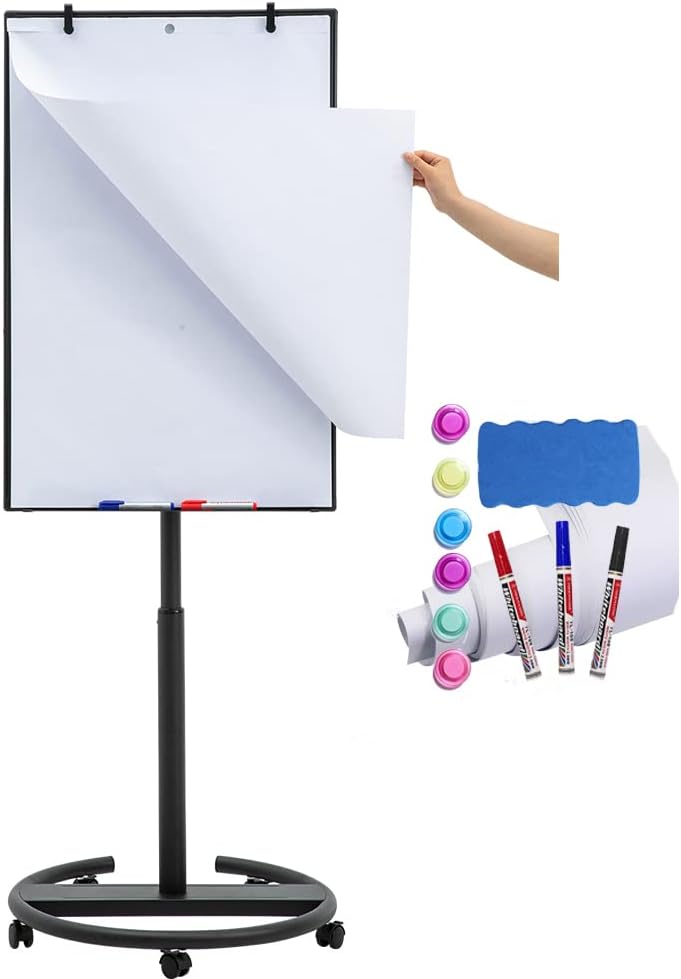 Black Mobile Whiteboard on Wheels 36 x 24 Inch-Rolling Magnetic Dry Erase Easel Board with Flipchart Paper Pad-Height Adjustable Standing Board for Meetings, Classes, Training, Workshops