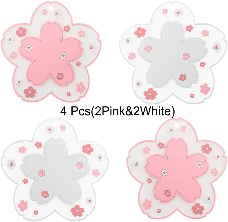 Sakura Coffee Cup Mat Kawaii Coaster 2PCS Cute Cherry Blossom PVC Home Tea Mug Pink Flower Pattern Anti-Skid Pot Bowl Pad Placemat for Desk Drink Table Decor Kawaii Accessories (Small)