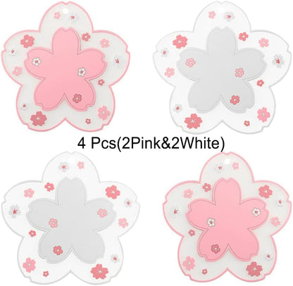 Sakura Coffee Cup Mat Kawaii Coaster 2PCS Cute Cherry Blossom PVC Home Tea Mug Pink Flower Pattern Anti-Skid Pot Bowl Pad Placemat for Desk Drink Table Decor Kawaii Accessories (Small)