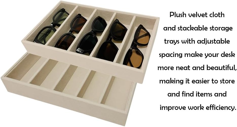 AgentMoon Velvet Eyeglasses Organizer Jewelry Tray. 5-slot Adjustable Eyeglasses Storage Tray, Thickened Frame,Sunglasses Organizer,Stackable AntiStatic. Beige,11.8 oz.