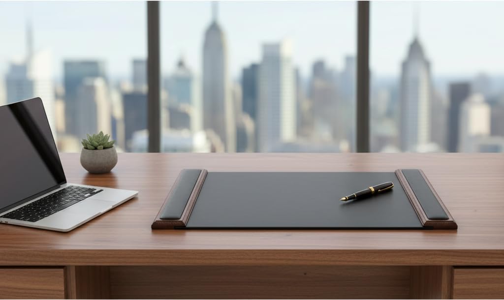 DACASSO Wood & Leather Desk Pad with Side Rails - Luxury Leather Desk Blotter for Writing - Padded Executive Desk Surface Protector - (Walnut & Black, 34” x 20”)