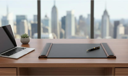 DACASSO Wood & Leather Desk Pad with Side Rails - Luxury Leather Desk Blotter for Writing - Padded Executive Desk Surface Protector - (Walnut & Black, 34” x 20”)