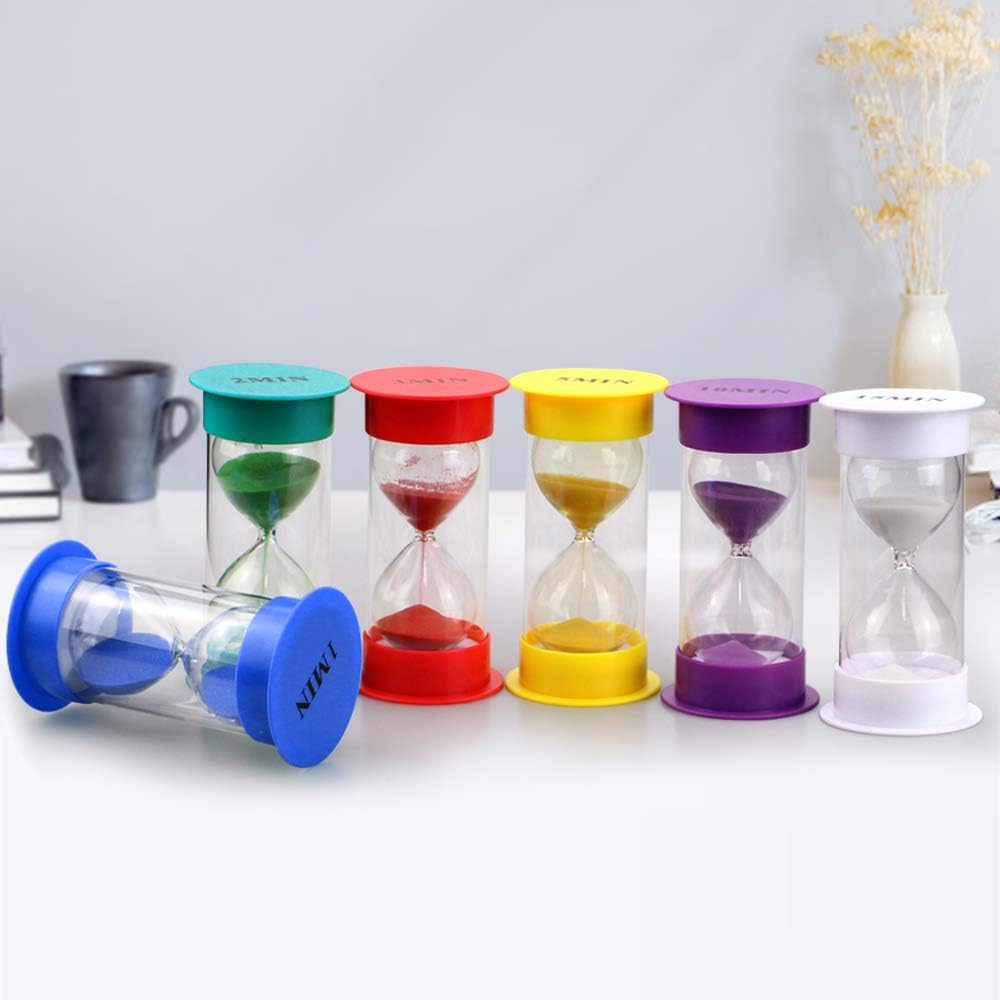 EMDMAK Sand Timer, Acrylic Hourglass Colorful Sandglass Timer 1 min/2 mins/3 mins/5 mins/10 mins/15 mins Sand Clock Timer for Games Classroom Home Office(Pack of 6)