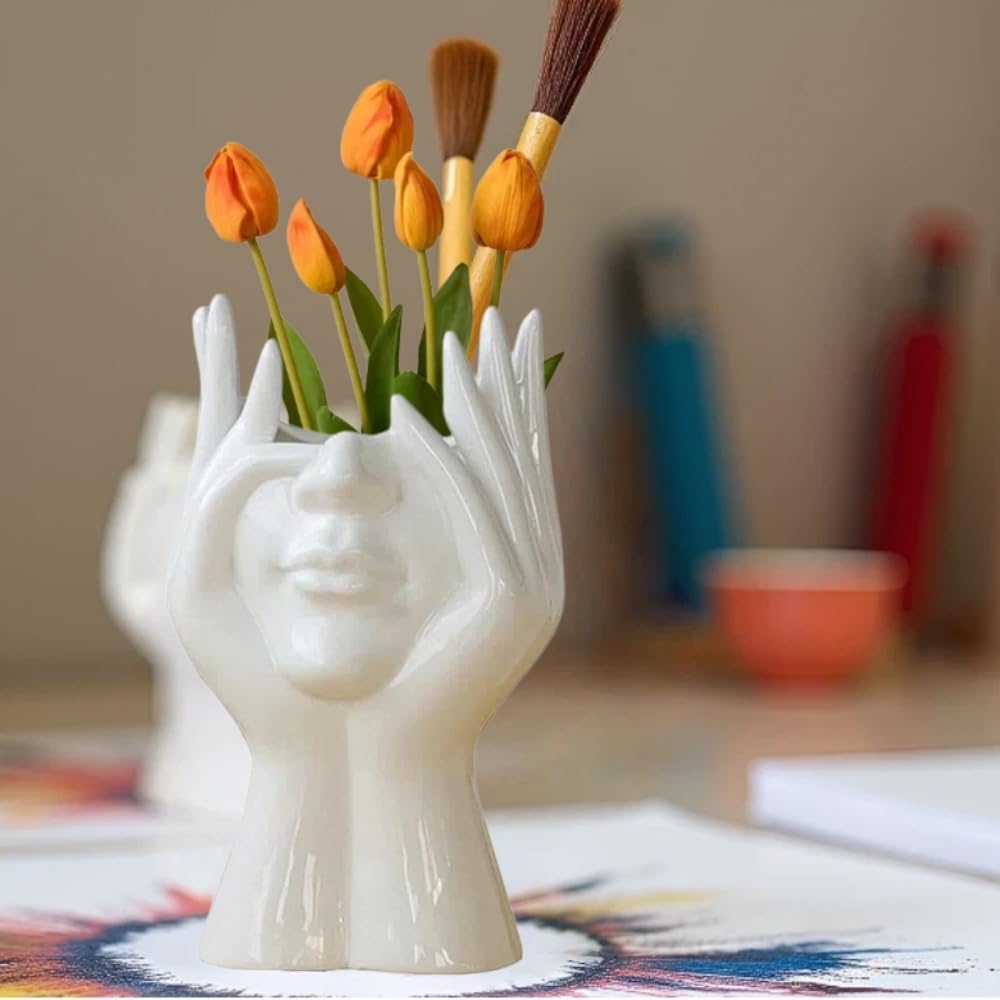 Paint Brush Holder,Ceramic Brush Organizer,Art Supply Organizer for desk,Small Flower Vase (White, Small)