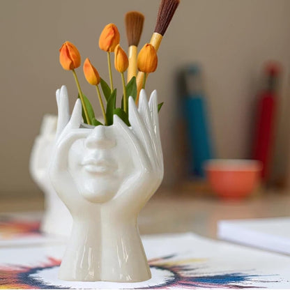 Paint Brush Holder,Ceramic Brush Organizer,Art Supply Organizer for desk,Small Flower Vase (White, Small)