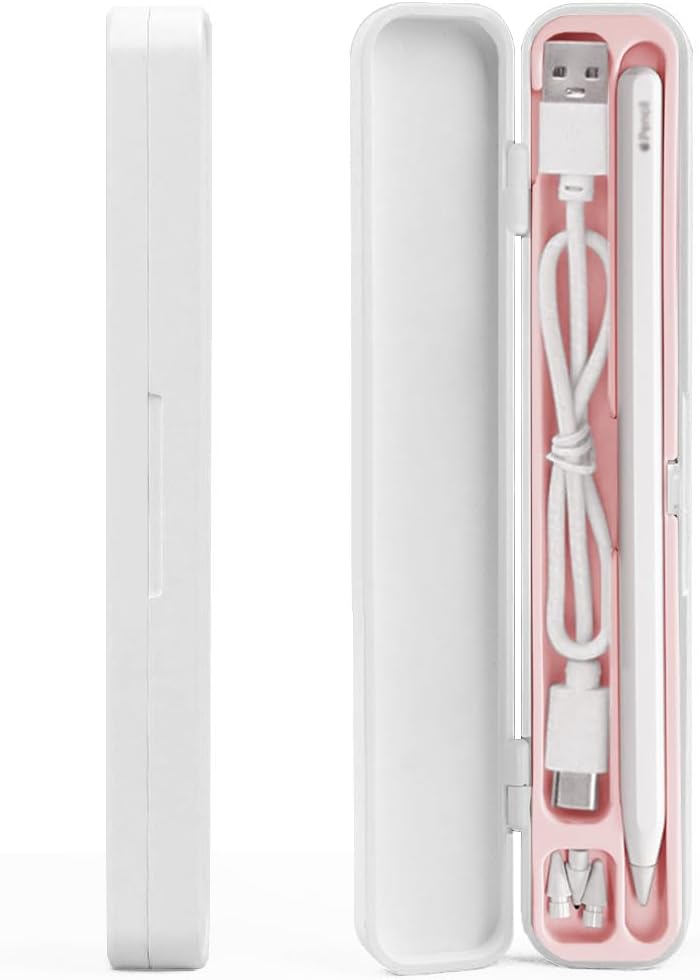 SIXFU Case for Apple Pencil, Storage Case Design for Apple Pen 2nd/ 1st, iPad Pencil Accessories Charging Cable Case for Stylus Pen(White+Pink)