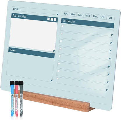 Acrylic Dry Erase to-Do List Board with Solid Wood Base, 9x13 Desktop Whiteboard Planner, Task Organizer for Office/Home/School, Includes 3 Dry Erase Markers (White)