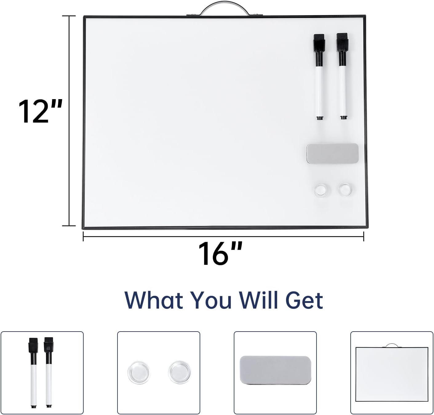 TSJ OFFICE Small Whiteboard Cork-Board - 16" X 12" Portable Aluminum Black Framed Magnetic Dry Erase Board, Small Bulletin Cork Board with Holder for Office, Home and School