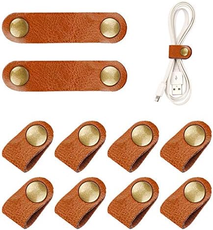10 Pcs Cord Organizer, Portable Leather Cable Cord Stocking Stuffers for Men USB Straps Earphone Winder with Leather Handmade (Brown/white)
