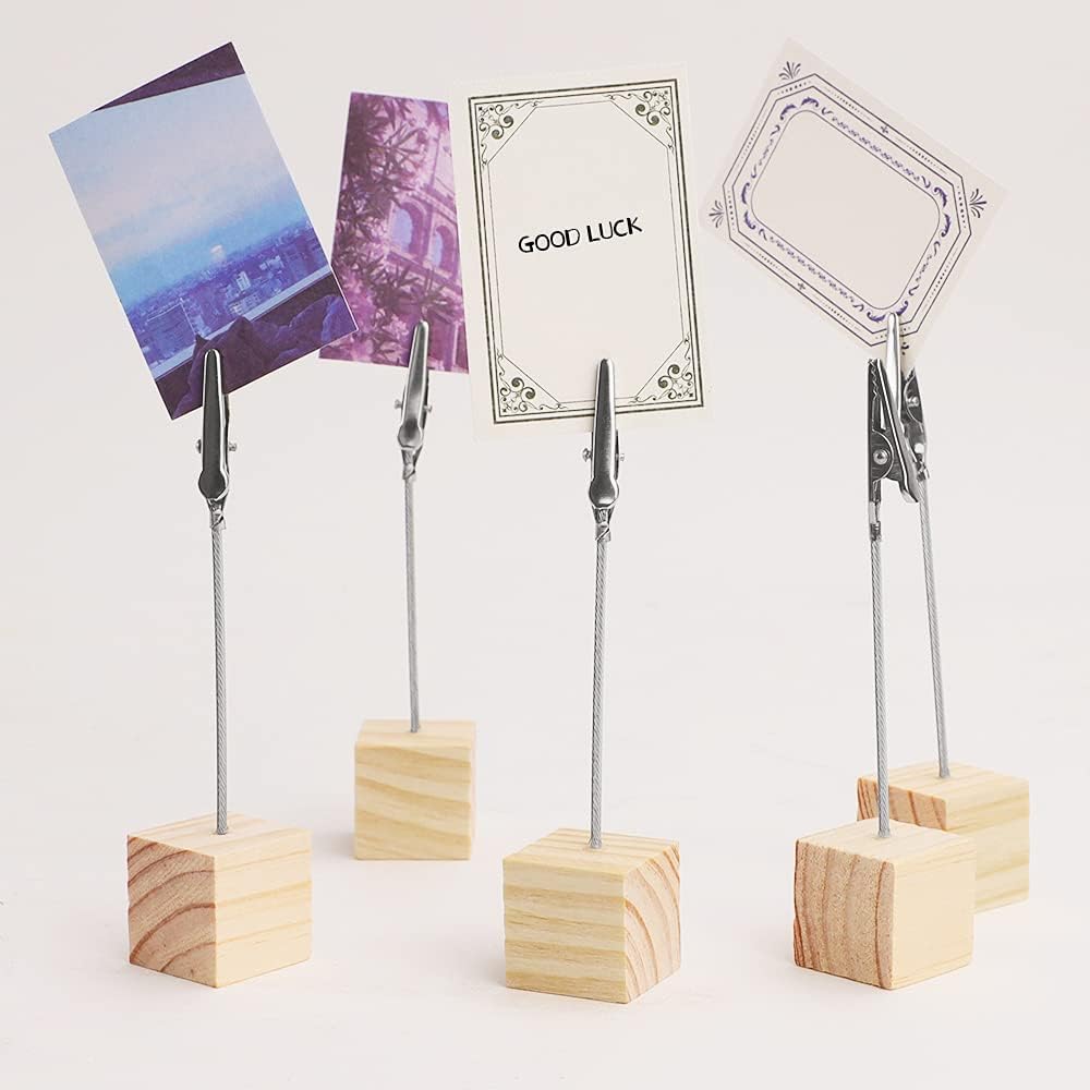 10 PCS Wooden Memo Clips Holder Table Numbers Place Card Holders Lightweight Wood Cube Base, Memo Photo Picture Paper Note Clip with Alligator Clip Clasp for Displaying Number Cards