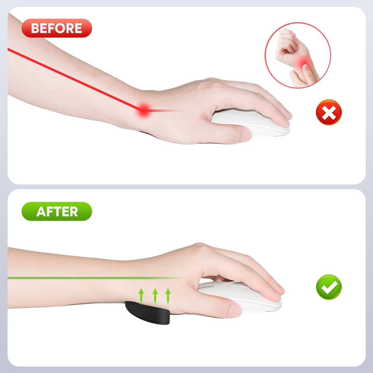 JIKIOU Right-Handed Truly Ergonomic Wrist Rest for Mouse 2 Pack, Carpal Tunnel Support, Pain Relief, Anti-Fatigue, Easy Glide, Office Computer Laptop Gaming Black