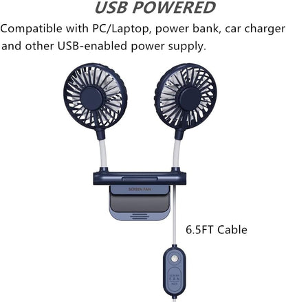 Monitor Fan with LED Lights, USB Desktop Fan with 2 Rotatable Heads, 3 Speeds Desk Fans Small Quiet with Sturdy Adjustable Clamp, Strong Wind Office Personal Cooling Fans for Laptop, Desktop.