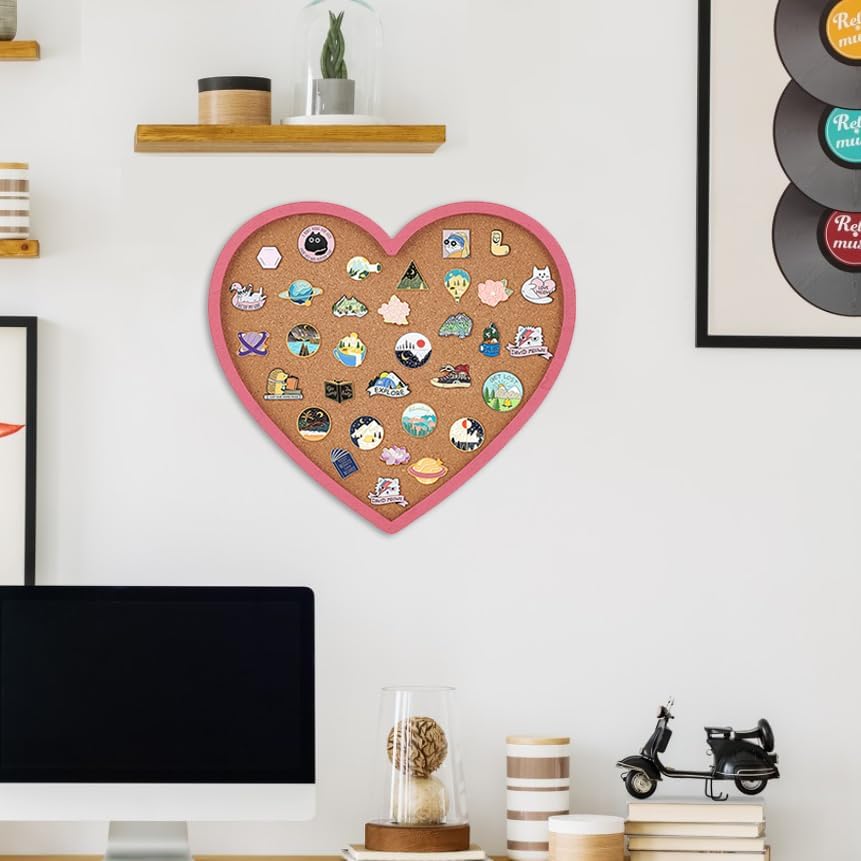 BENECREAT Pearl Pink Heart Pin Cork Board, 7.8x7.1inch Bulletin Display Board Wall Mounted Cork Board with Pink Frame for Brooch Pin Storage Display, Office Home and School Decor