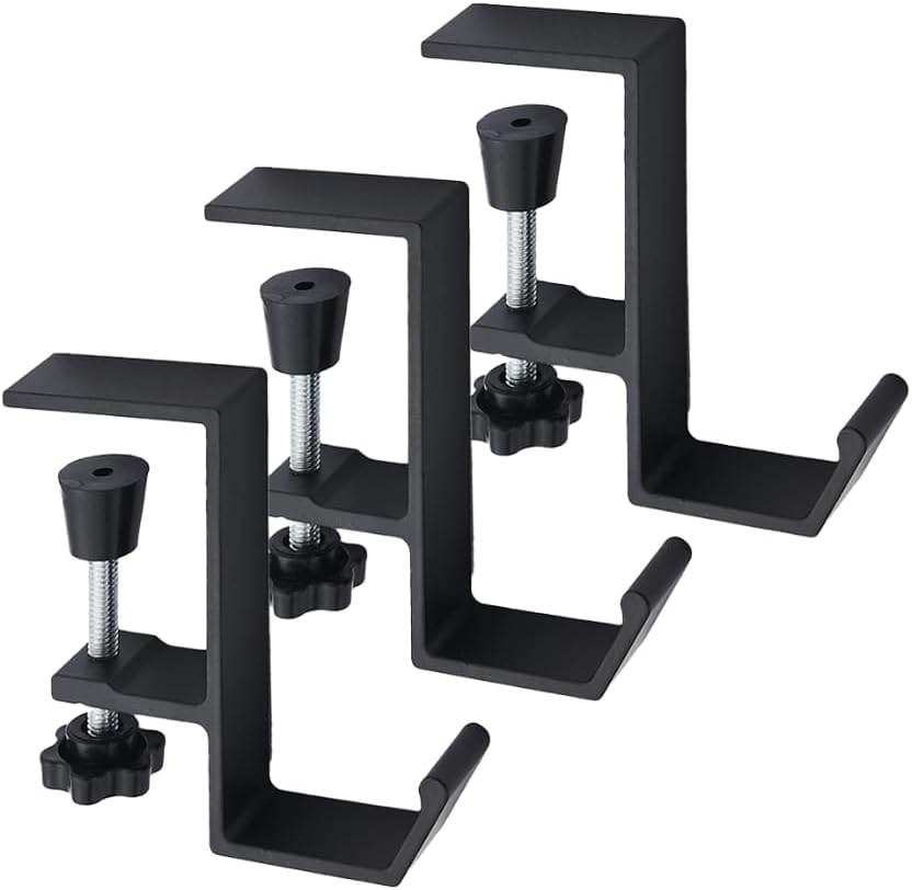 3 Pack Under Desk Mount Bag Holder Hook Clamp,Headphone Holder Backpack Hook,Desk Hook with Adjustable Arm Clamp (Black-A 3pc)
