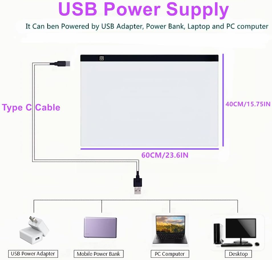 Large A2 LED Light Pad for Diamond Art Painting & Tracing, USB-Powered Light Board with 3 Brightness Levels - Includes Clips & Painting DIY Tools Kit