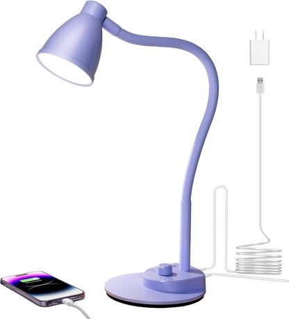 BOHON LED Desk Lamp with USB Charging Port, 3 Color Modes Dimmable Reading Lamp, Auto Dimming Task Lamp, Flexible Neck Table Light for Dorm Bedside, Adapter Include, White