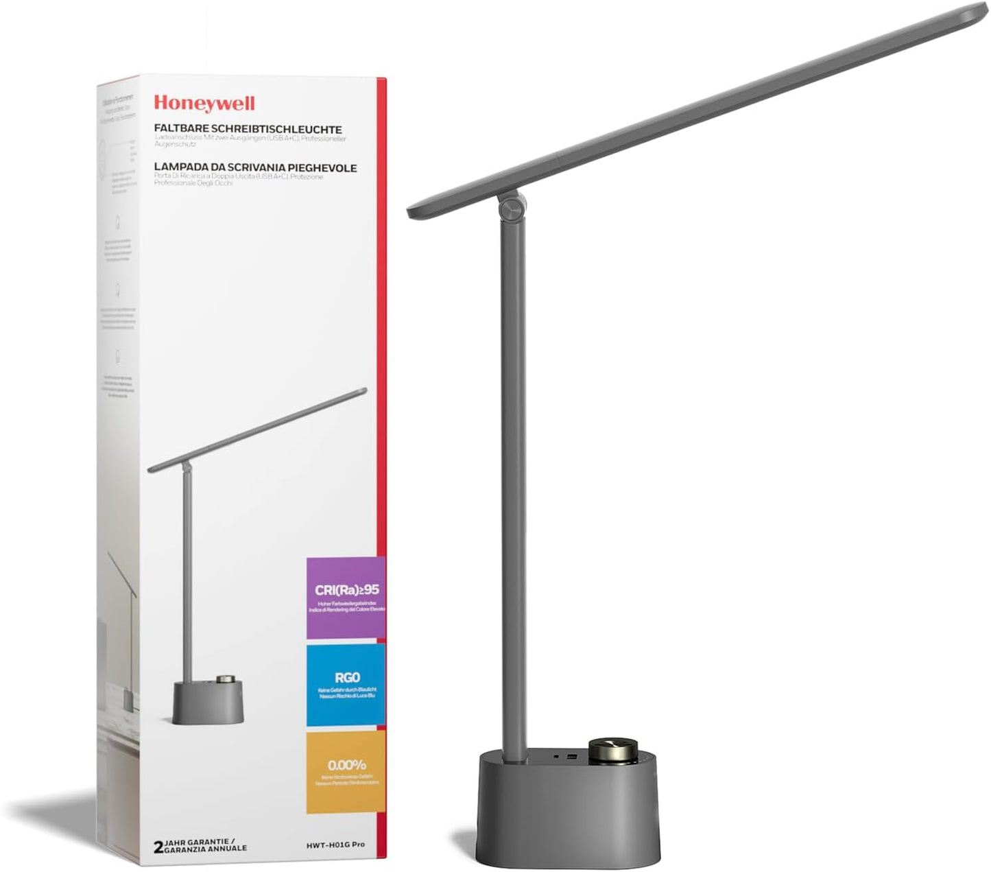 Honeywell Upgraded LED Desk Lamp - H01 Pro Sunturalux™ Foldable Desk Light with USB A+C Charging Ports, 3 Color Modes Dimmable Table Lamp for Home Office Reading(Black)