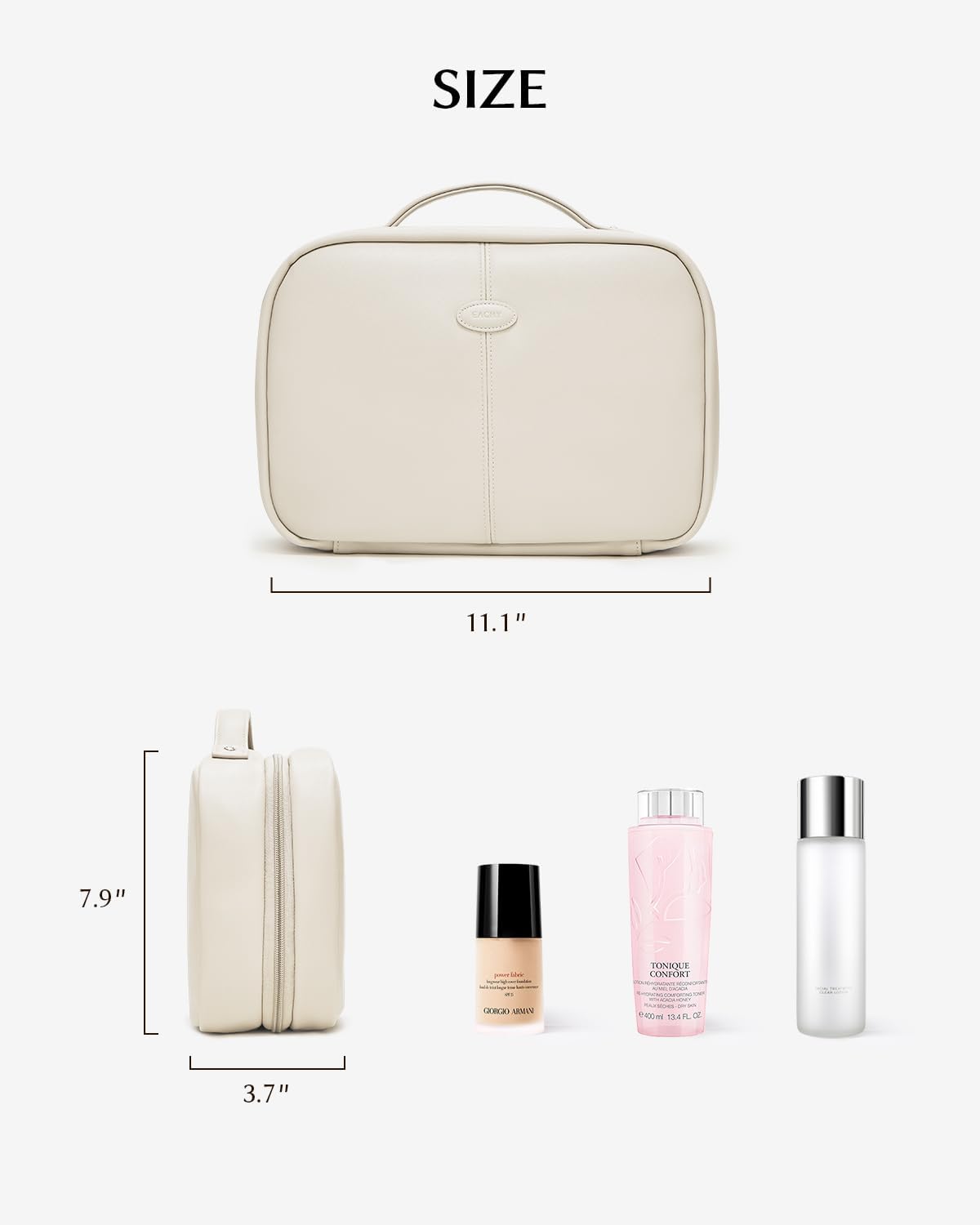 EACHY Toiletry Bag with Hanging Hook, Travel Makeup Bag PU Leather Cosmetic Bags for Women Make Up Organizer with 4 Compartments Waterproof Full-Size Portable Travel Essentials (Beige)