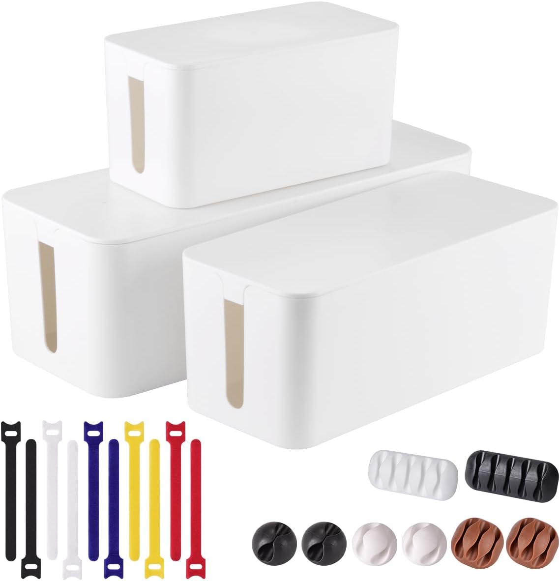 3 Pack Cable Management Box with 18 PCS Cable Management Set - Large & Medium & Small Wooden Grain Cable Organizer Box to Hide Wires & Power Strips | TV Cord Organizer Box | for Home & Office(Black)