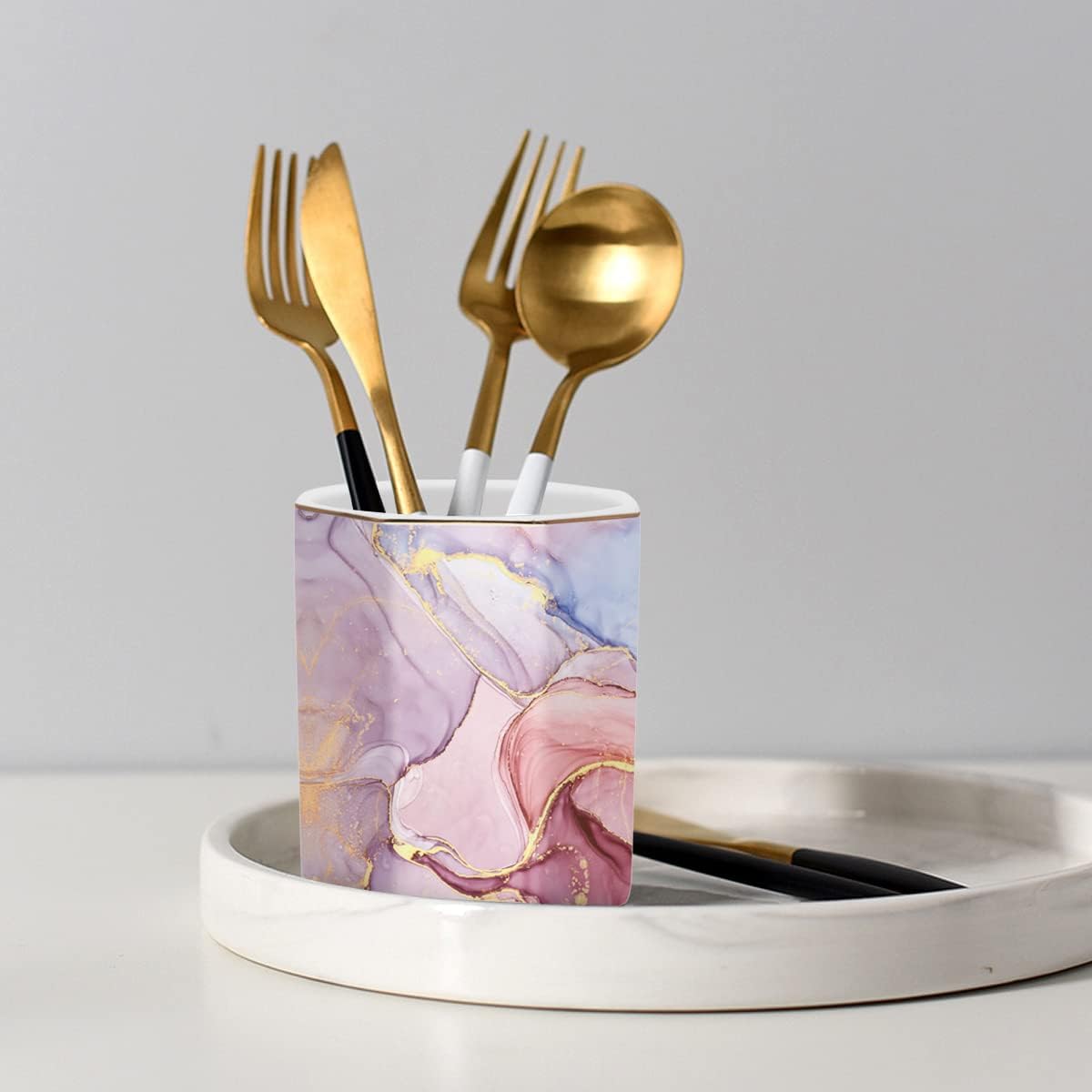 Pen Holder, Pencil Holder for Desk, Marble Desk Organizer Cute, Durable Ceramic Pencil Cup, Decorative Makeup Brush Holder Cup, Stationery Holder for Office, Home, Gray Marble