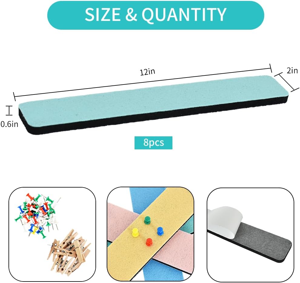 Vuzvuv 8 pcs Bulletin Board Bar Strips with 50 Pushpins & 10 Wooden Clip pins，Self Adhesive Cork Board for Wall，Felt Pin Board for School，Office Decor（Black White Grey）