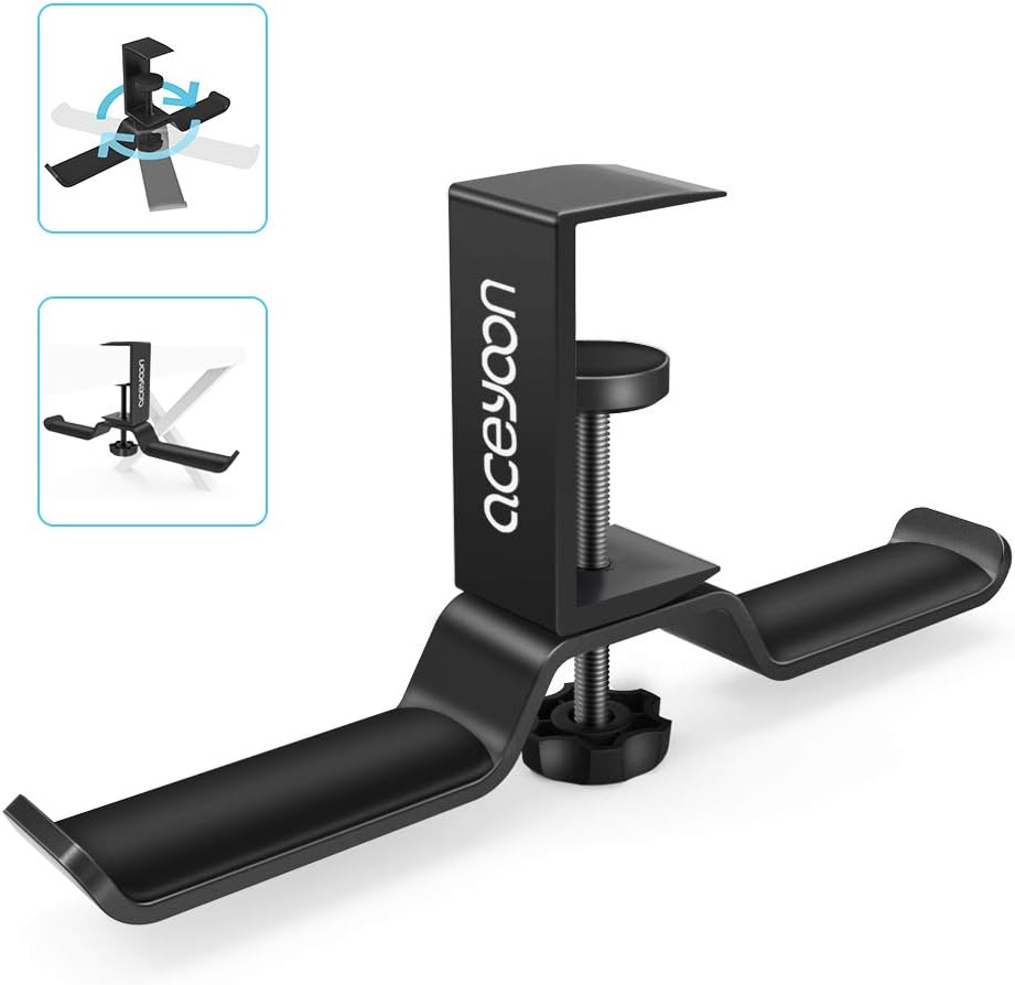 aceyoon Foldable Headphone Stand for Desk, Aluminum Headset Stand Clamp Hook Under Desk Space Save Mount, Headset Holder for Gaming Headphone, Office, Backpack, Bag, Purse Hanging (Black)