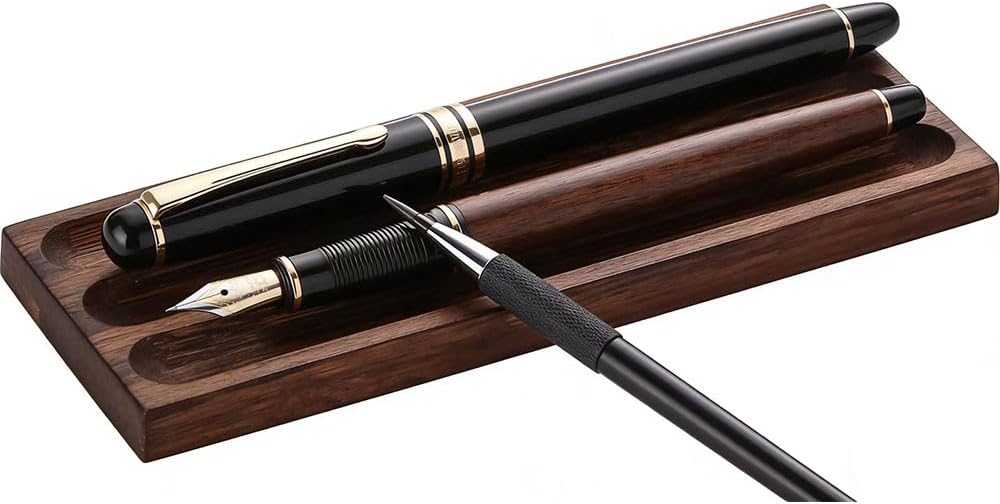 Pen holder Organizer of Office desks, Walnut Desk Pen Stand,Wave Pen Tray Accessory,Suitable for School,Home,Desktop Office Art Accessories(Walnut, 3 Grid).