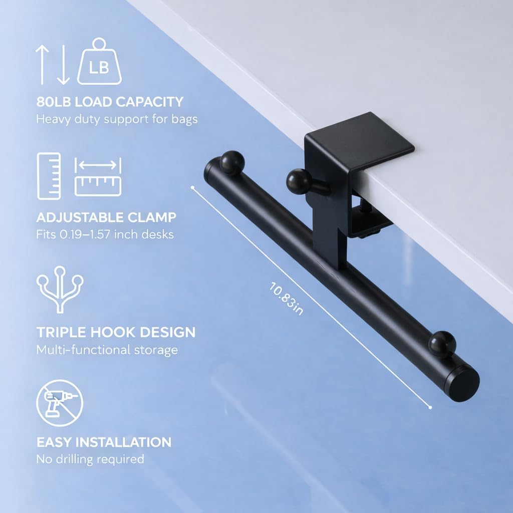 Heavy-Duty Backpack Hanger for Desk & Table, Adjustable Desk Hook for Bag with 80lb Capacity, T-Shape Backpack Holder & Purse Hook for Table, Clip-On Desk Bag Hook for Office Classroom Home
