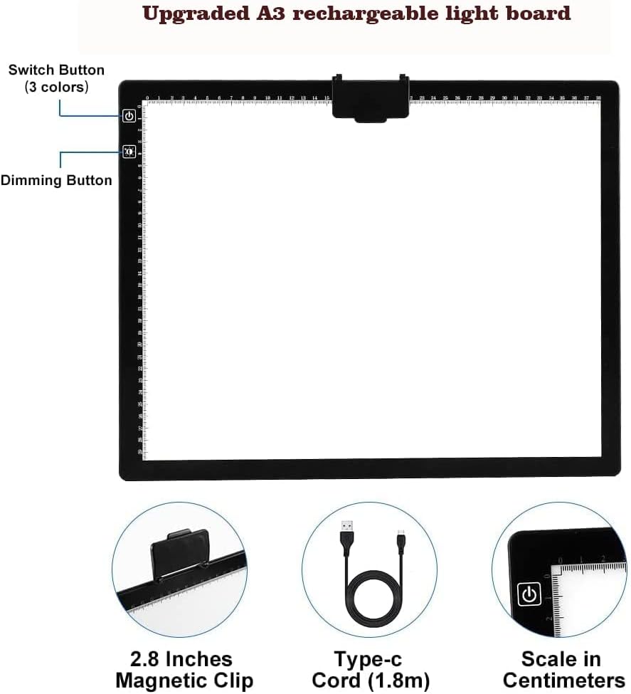 YINGWOND Rechargeable A4 LED Light Pad with Padded Case, Tracing Light Box w/Riser Stands and Paper Clip, 6 Levels of Brightness, Type-c Cable, Wireless Diamond Painting Light Board