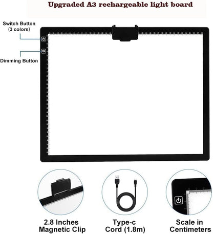 YINGWOND Rechargeable A4 LED Light Pad with Padded Case, Tracing Light Box w/Riser Stands and Paper Clip, 6 Levels of Brightness, Type-c Cable, Wireless Diamond Painting Light Board