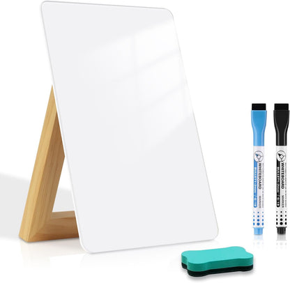 Desktop Glass Dry Erase Board, Small Glass Whiteboard with Adjustable Wood Stand - Reusable Desk Notepad 11" x 8.2" for Home Office