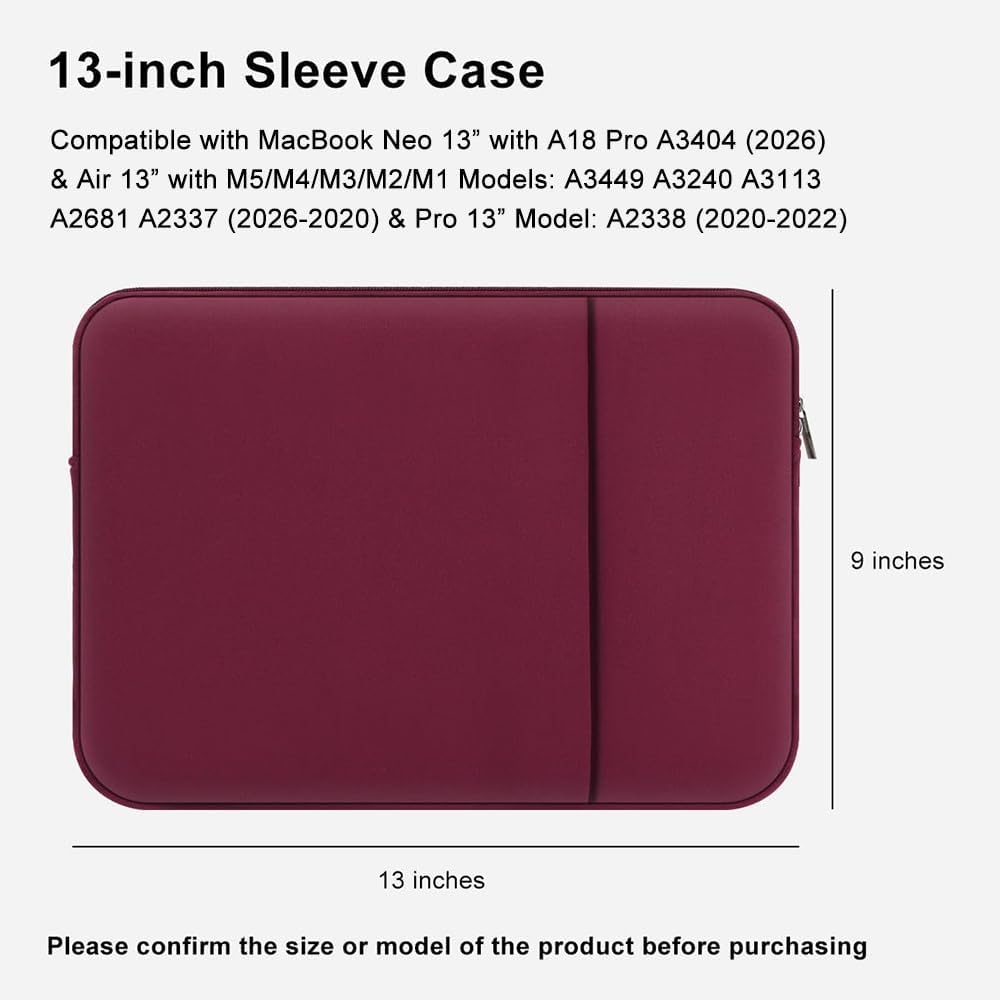 Laptop Sleeve for MacBook Neo/Air/Pro 13 inches A18/M5/M4/M3/M2/M1 Chip 2026-2020 A3404 A3449 A3240 A3113 with 2 Pockets Tablet Bag Case Accessories (Bright Pink)