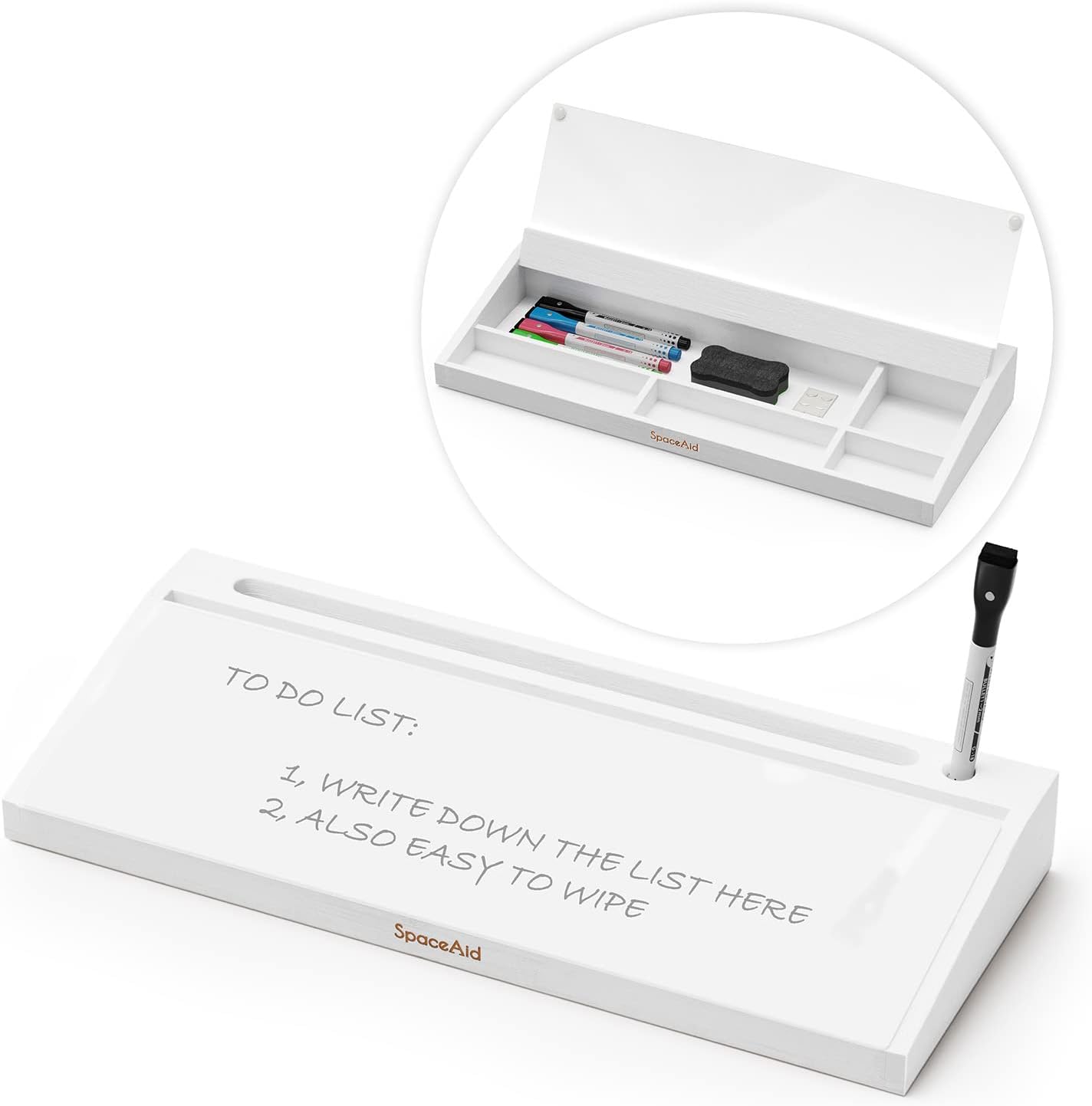 SpaceAid Bamboo Desktop Whiteboard with Organizer Box, Office Desk Dry Erase White Board Holder, Computer Keyboard Stand Pad for Office Supplies Storage (White)