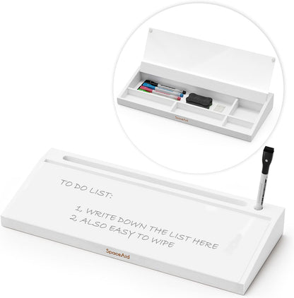 SpaceAid Bamboo Desktop Whiteboard with Organizer Box, Office Desk Dry Erase White Board Holder, Computer Keyboard Stand Pad for Office Supplies Storage (White)