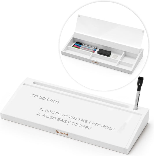 SpaceAid Bamboo Desktop Whiteboard with Organizer Box, Office Desk Dry Erase White Board Holder, Computer Keyboard Stand Pad for Office Supplies Storage (White)