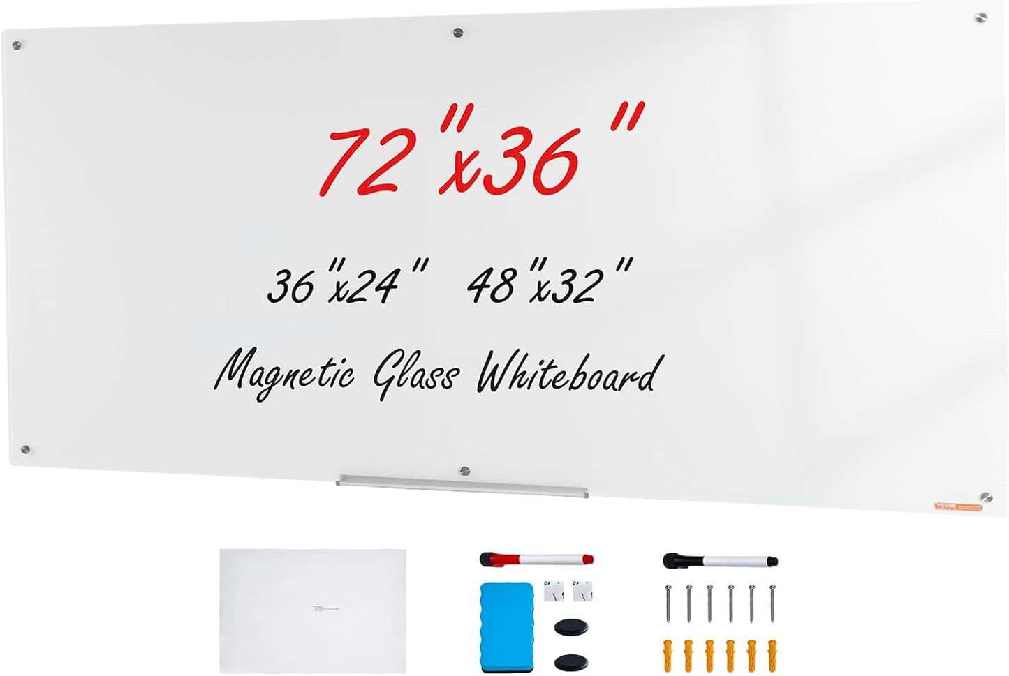 VEVOR Magnetic Glass Whiteboard, Dry Erase Board 36"x24", Wall-Mounted Large White Glassboard Frameless, with Marker Tray, an Eraser and 2 Markers, Black