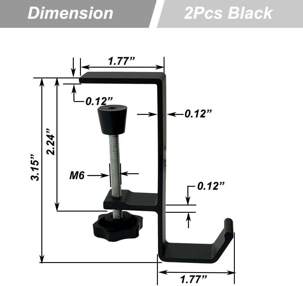 2Pcs Clamp-On Under Desk Headphone Holder Students' Desk Hook Women's Bag Hook with Adjustable Arm Clamp Backpack Handbag and Purse Holder - Suitable for Plate Between 1-5cm / 0.4-1.96” - White