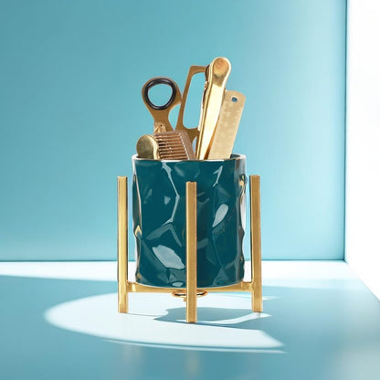 Gold Pencil Cup Sturdy Metal Frame With White Ceramic Pen Holder For Desks and kitchen Appliance Holders