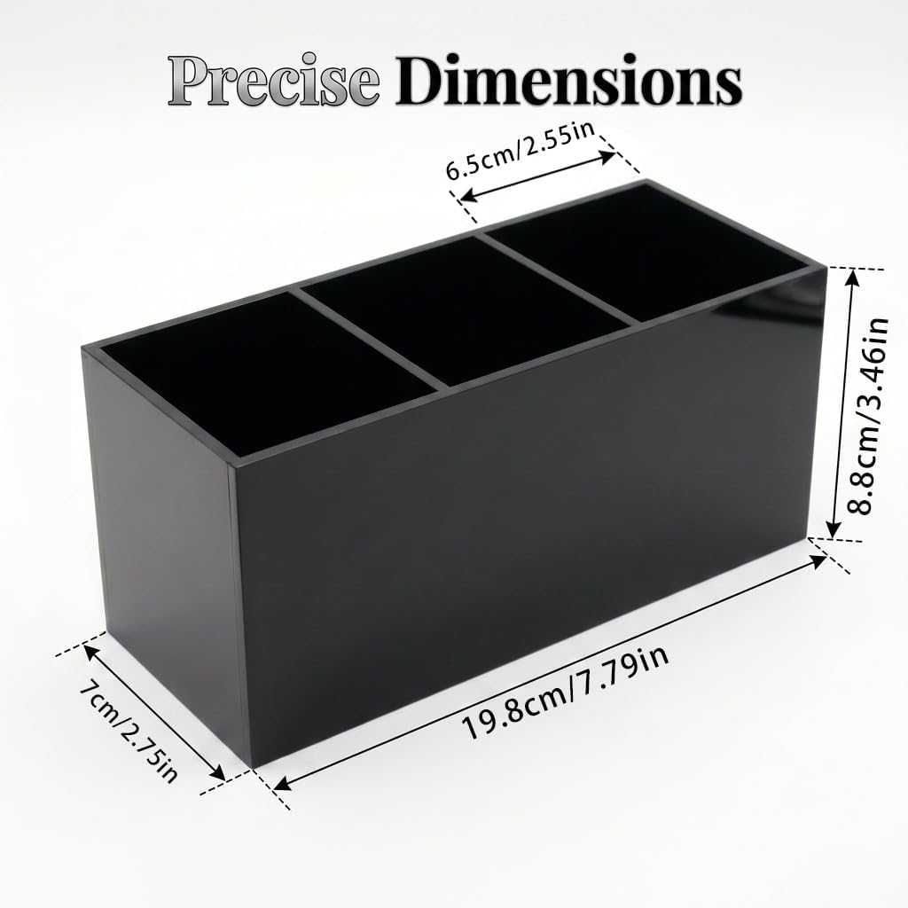 Black Acrylic Pen Holder for Desk, 3 Compartment Desktop Organizer & Pencil Cup, Makeup Brush Holder for Countertop, Multi-functional Pen Pencil Brushes Holders Caddy (Glossy Black)